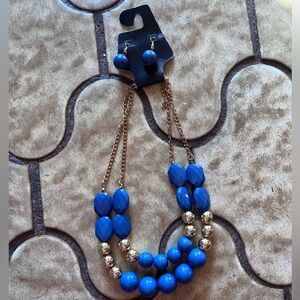 Blue and Gold 2-Chained Necklace and Earrings